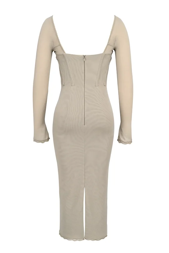 Saisha Beige Mesh Long Sleeve Bodycon Midi Dress Saisha Beige Mesh Long Sleeve Bodycon Midi Dress