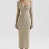 Saisha Beige Mesh Long Sleeve Bodycon Midi Dress Saisha Beige Mesh Long Sleeve Bodycon Midi Dress