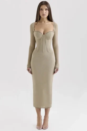Saisha Beige Mesh Long Sleeve Bodycon Midi Dress