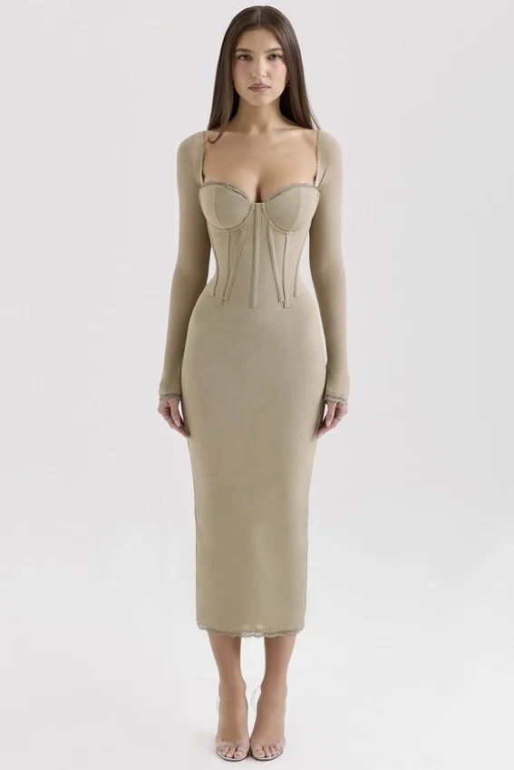Saisha Beige Mesh Long Sleeve Bodycon Midi Dress Saisha Beige Mesh Long Sleeve Bodycon Midi Dress