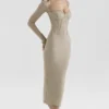Saisha Beige Mesh Long Sleeve Bodycon Midi Dress Saisha Beige Mesh Long Sleeve Bodycon Midi Dress