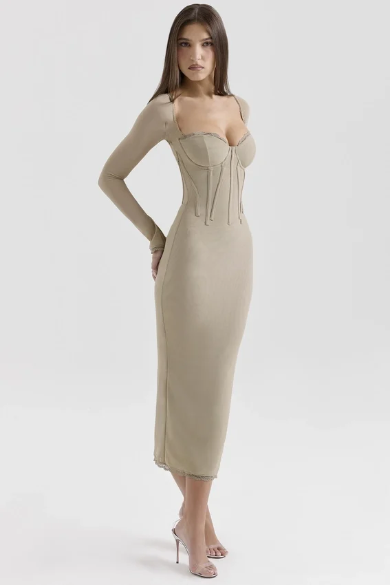 Saisha Beige Mesh Long Sleeve Bodycon Midi Dress Saisha Beige Mesh Long Sleeve Bodycon Midi Dress