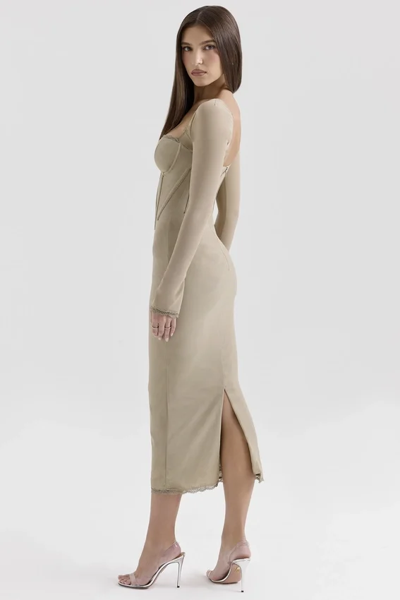 Saisha Beige Mesh Long Sleeve Bodycon Midi Dress Saisha Beige Mesh Long Sleeve Bodycon Midi Dress