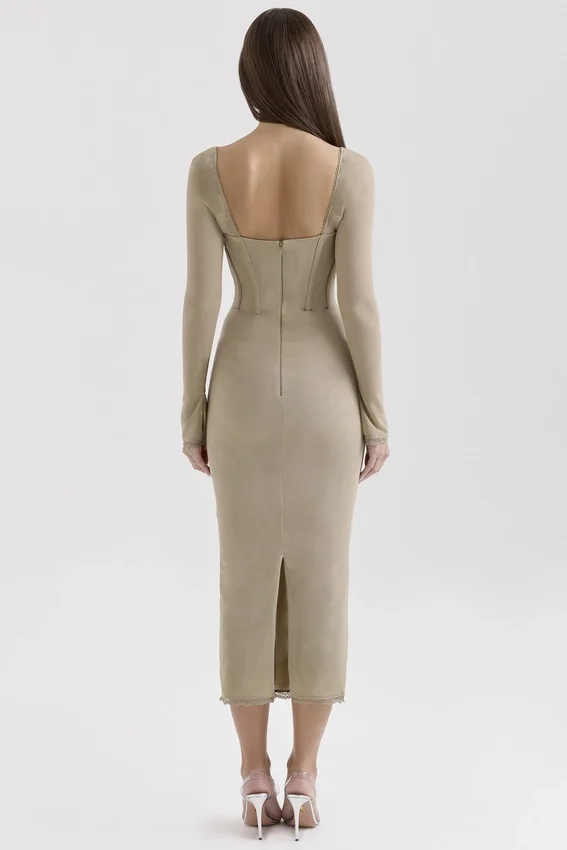 Saisha Beige Mesh Long Sleeve Bodycon Midi Dress Saisha Beige Mesh Long Sleeve Bodycon Midi Dress