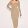 Saisha Beige Mesh Long Sleeve Bodycon Midi Dress Saisha Beige Mesh Long Sleeve Bodycon Midi Dress