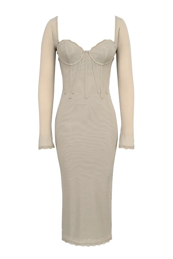 Saisha Beige Mesh Long Sleeve Bodycon Midi Dress Saisha Beige Mesh Long Sleeve Bodycon Midi Dress