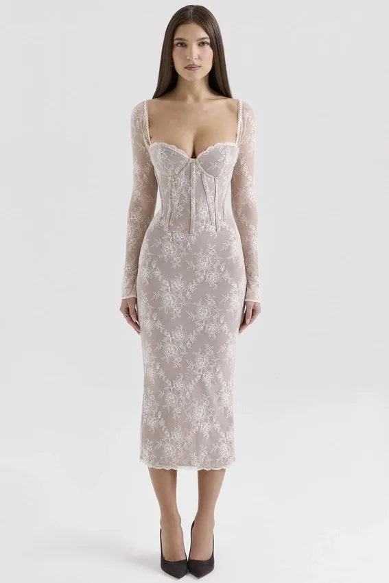 Saisha Ivory Lace Long Sleeve Midi Dress Saisha Ivory Lace Long Sleeve Midi Dress