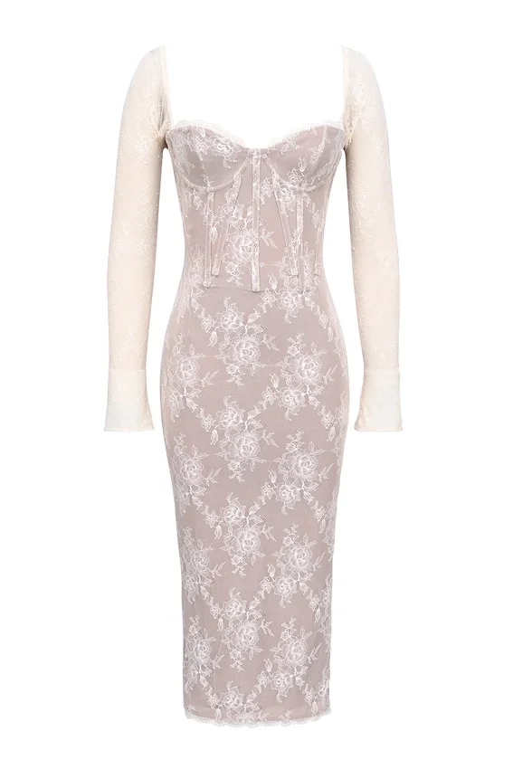 Saisha Ivory Lace Long Sleeve Midi Dress Saisha Ivory Lace Long Sleeve Midi Dress