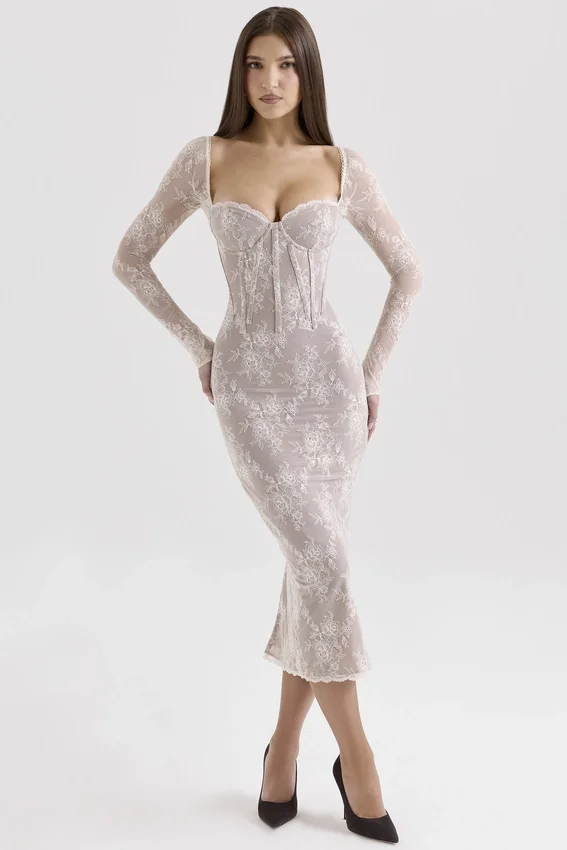 Saisha Ivory Lace Long Sleeve Midi Dress Saisha Ivory Lace Long Sleeve Midi Dress