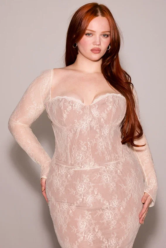Saisha Ivory Lace Long Sleeve Midi Dress Saisha Ivory Lace Long Sleeve Midi Dress