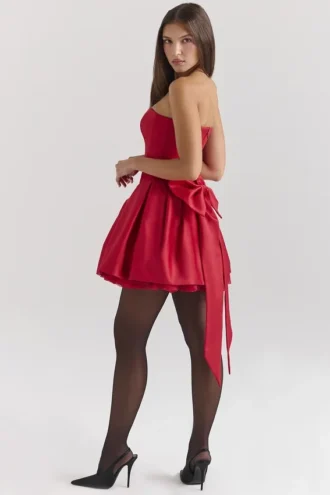 Salome Holly Red Satin Detachable Bow Mini Dress