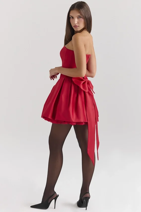 Salome Holly Red Satin Detachable Bow Mini Dress Salome Holly Red Satin Detachable Bow Mini Dress