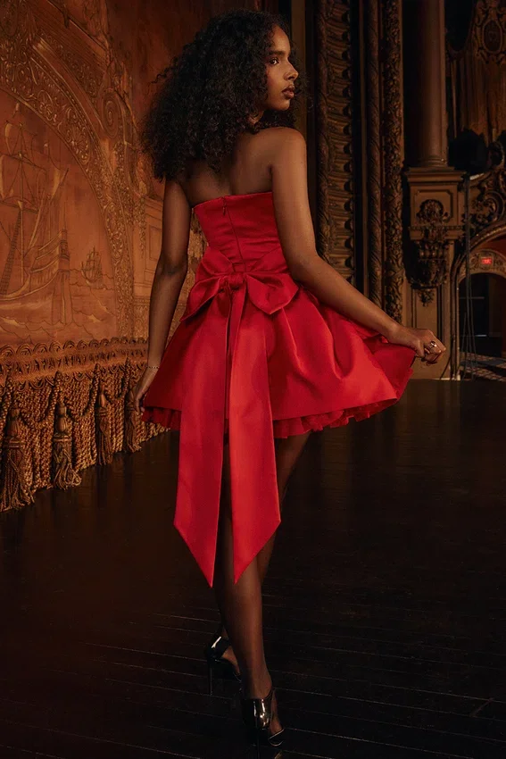 Salome Holly Red Satin Detachable Bow Mini Dress Salome Holly Red Satin Detachable Bow Mini Dress