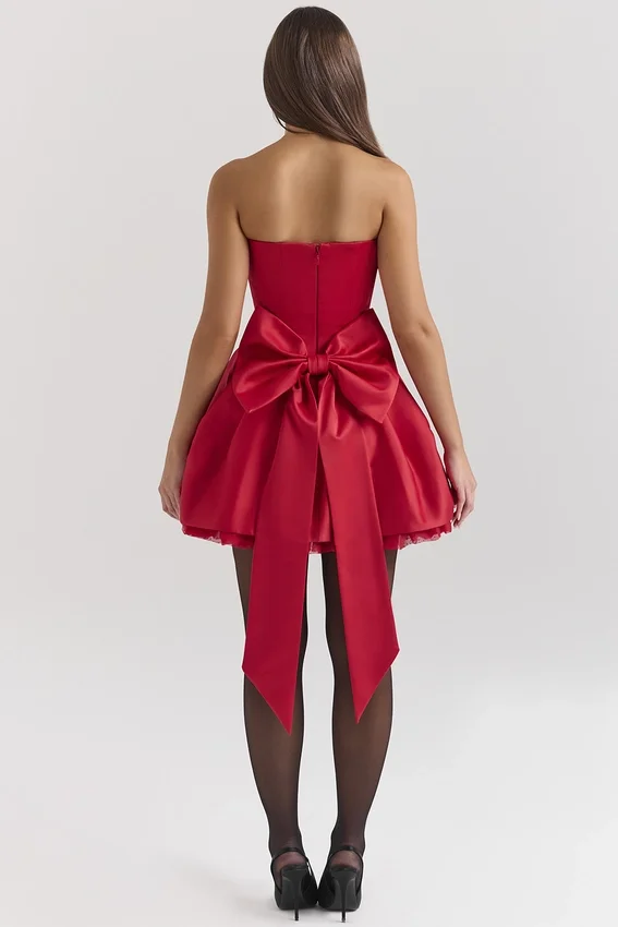 Salome Holly Red Satin Detachable Bow Mini Dress Salome Holly Red Satin Detachable Bow Mini Dress