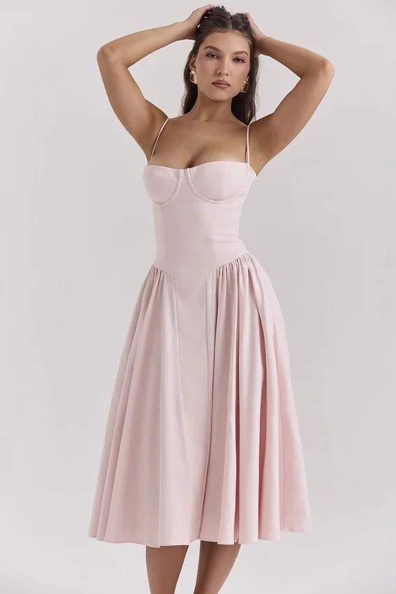 Samaria Ballerina Pink Twill Corset Midi Dress Samaria Ballerina Pink Twill Corset Midi Dress
