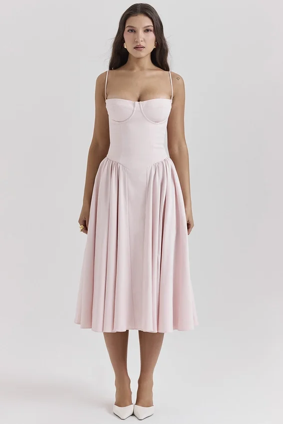 Samaria Ballerina Pink Twill Corset Midi Dress Samaria Ballerina Pink Twill Corset Midi Dress