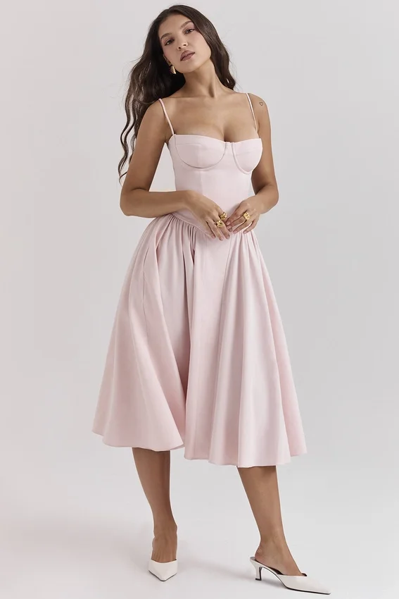 Samaria Ballerina Pink Twill Corset Midi Dress Samaria Ballerina Pink Twill Corset Midi Dress