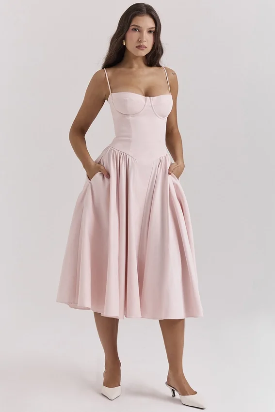 Samaria Ballerina Pink Twill Corset Midi Dress Samaria Ballerina Pink Twill Corset Midi Dress