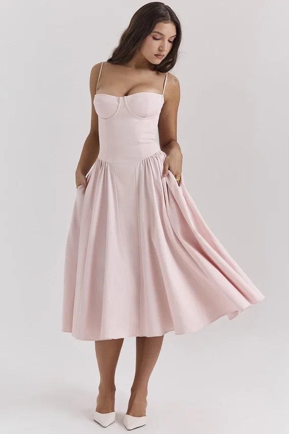 Samaria Ballerina Pink Twill Corset Midi Dress Samaria Ballerina Pink Twill Corset Midi Dress