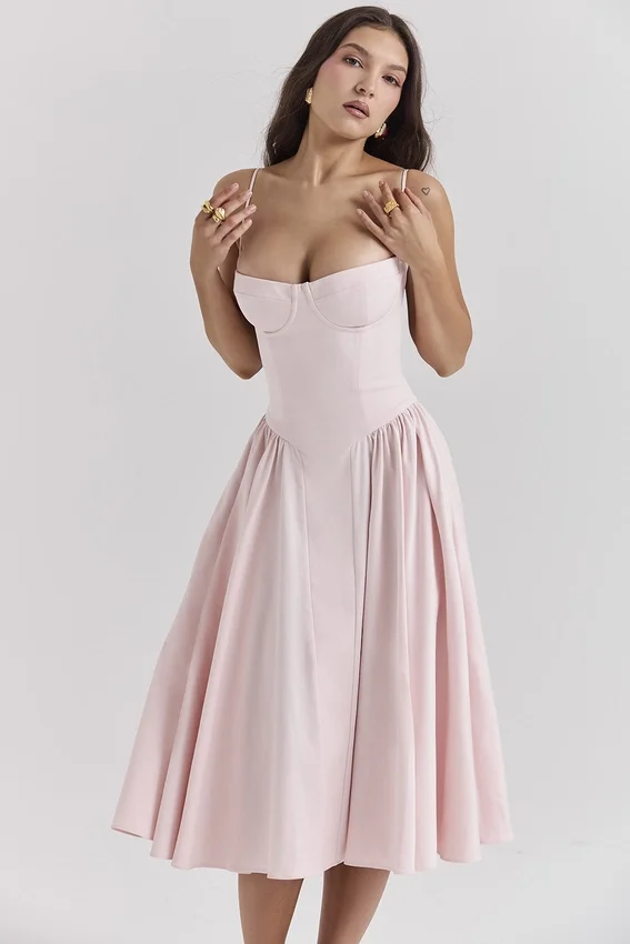 Samaria Ballerina Pink Twill Corset Midi Dress Samaria Ballerina Pink Twill Corset Midi Dress