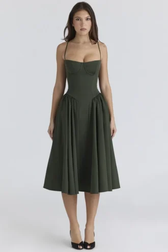 Samaria Emerald Green Corset Midi Dress Samaria Emerald Green Corset Midi Dress