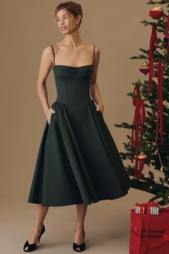 Samaria Emerald Green Corset Midi Dress Samaria Emerald Green Corset Midi Dress