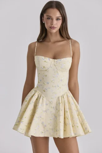 Samaria Lemon Floral Print Cotton Corset Mini Dress