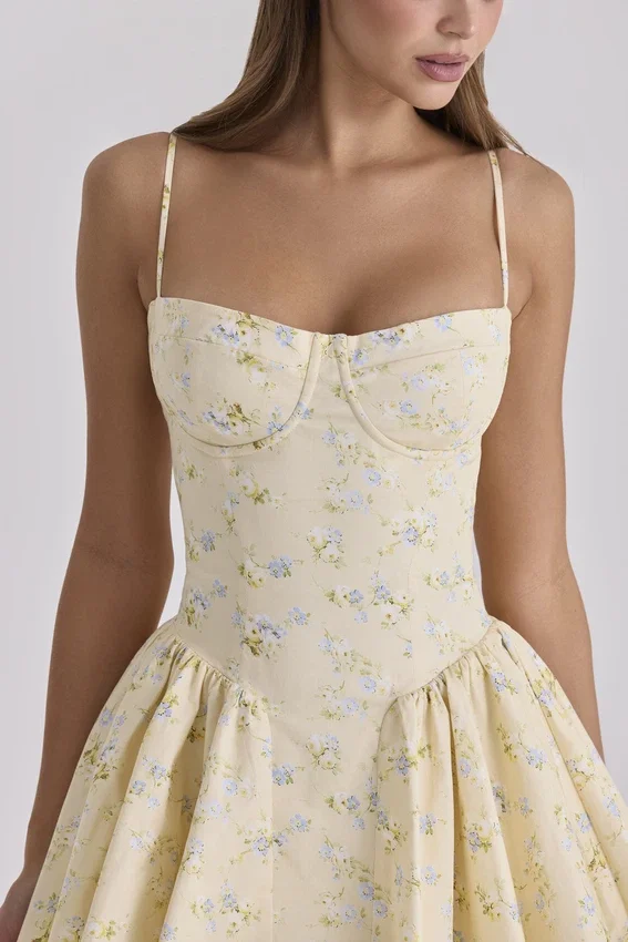 Samaria Lemon Floral Print Cotton Corset Mini Dress Samaria Lemon Floral Print Cotton Corset Mini Dress