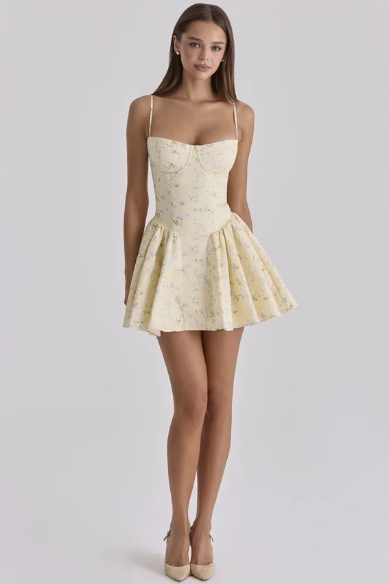Samaria Lemon Floral Print Cotton Corset Mini Dress Samaria Lemon Floral Print Cotton Corset Mini Dress