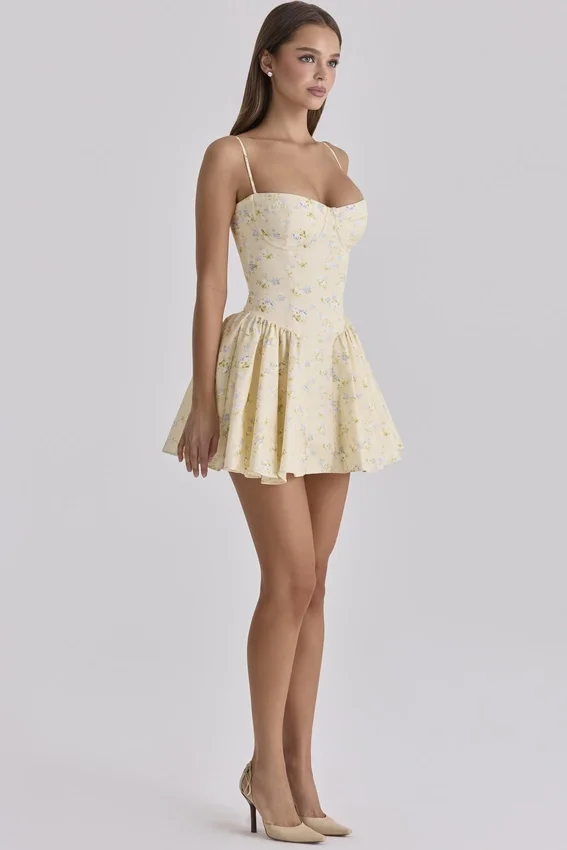 Samaria Lemon Floral Print Cotton Corset Mini Dress Samaria Lemon Floral Print Cotton Corset Mini Dress