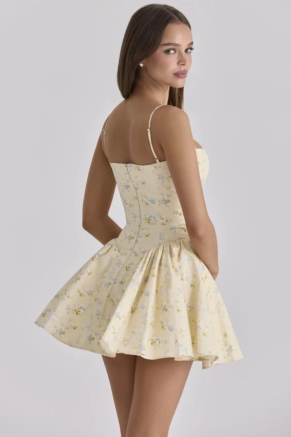 Samaria Lemon Floral Print Cotton Corset Mini Dress Samaria Lemon Floral Print Cotton Corset Mini Dress