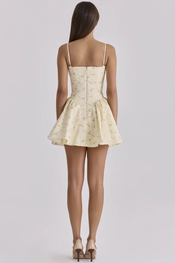 Samaria Lemon Floral Print Cotton Corset Mini Dress Samaria Lemon Floral Print Cotton Corset Mini Dress