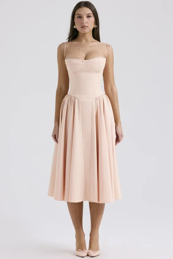 Samaria Peach Parfait Twill Corset Midi Dress Samaria Peach Parfait Twill Corset Midi Dress