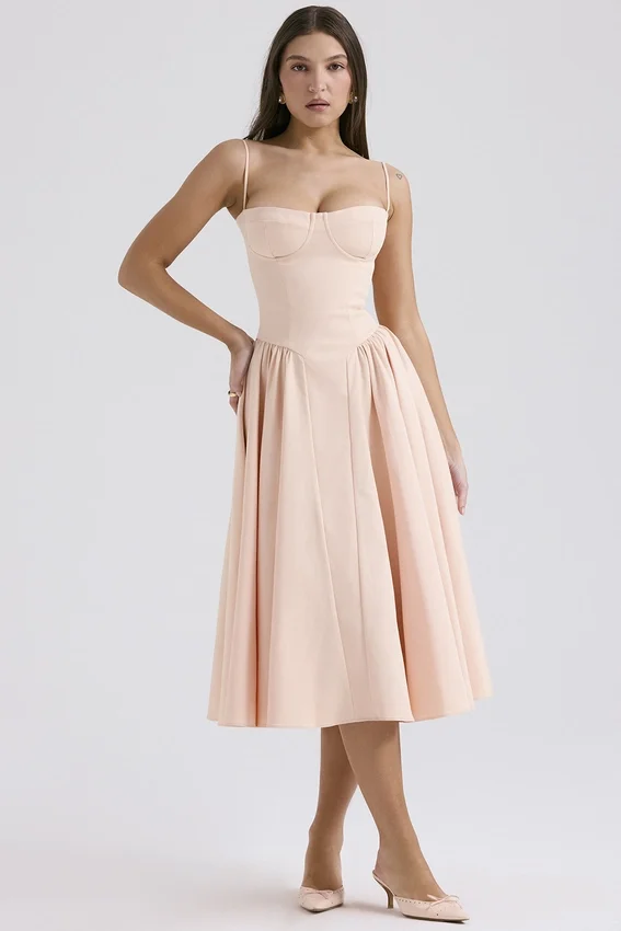 Samaria Peach Parfait Twill Corset Midi Dress Samaria Peach Parfait Twill Corset Midi Dress