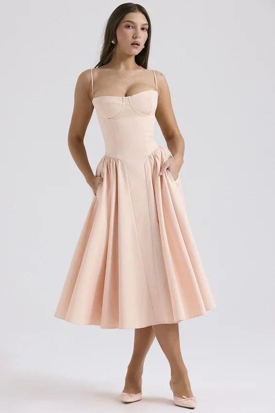 Samaria Peach Parfait Twill Corset Midi Dress Samaria Peach Parfait Twill Corset Midi Dress