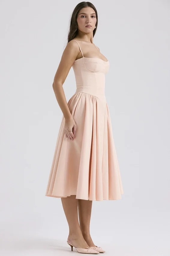 Samaria Peach Parfait Twill Corset Midi Dress Samaria Peach Parfait Twill Corset Midi Dress
