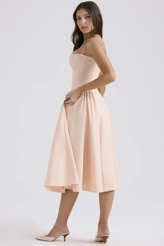 Samaria Peach Parfait Twill Corset Midi Dress Samaria Peach Parfait Twill Corset Midi Dress