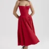 Samaria Red Gathered Midi Dress