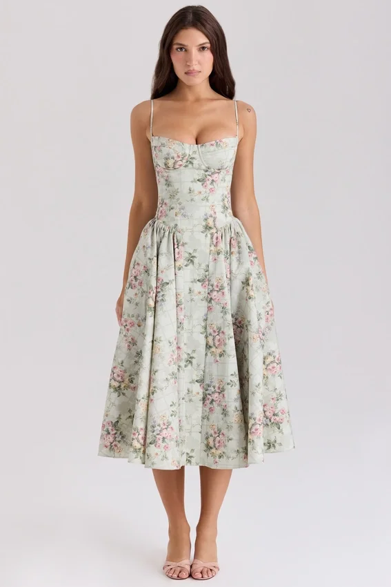 Samaria Sage Floral Print Cotton Midi Dress Samaria Sage Floral Print Cotton Midi Dress