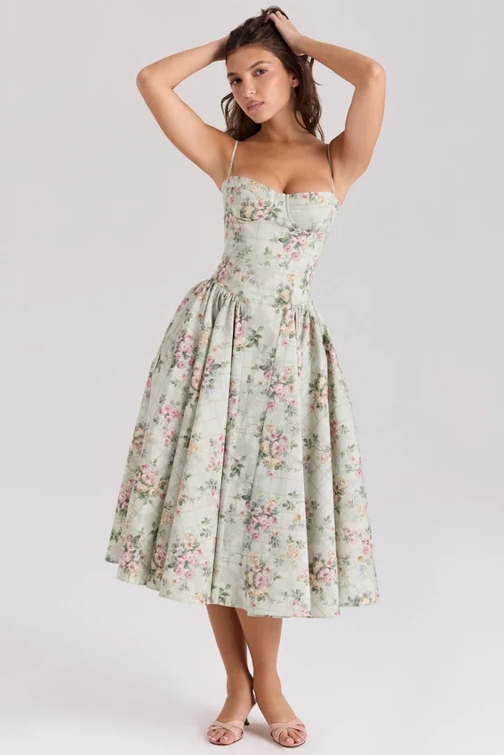 Samaria Sage Floral Print Cotton Midi Dress Samaria Sage Floral Print Cotton Midi Dress