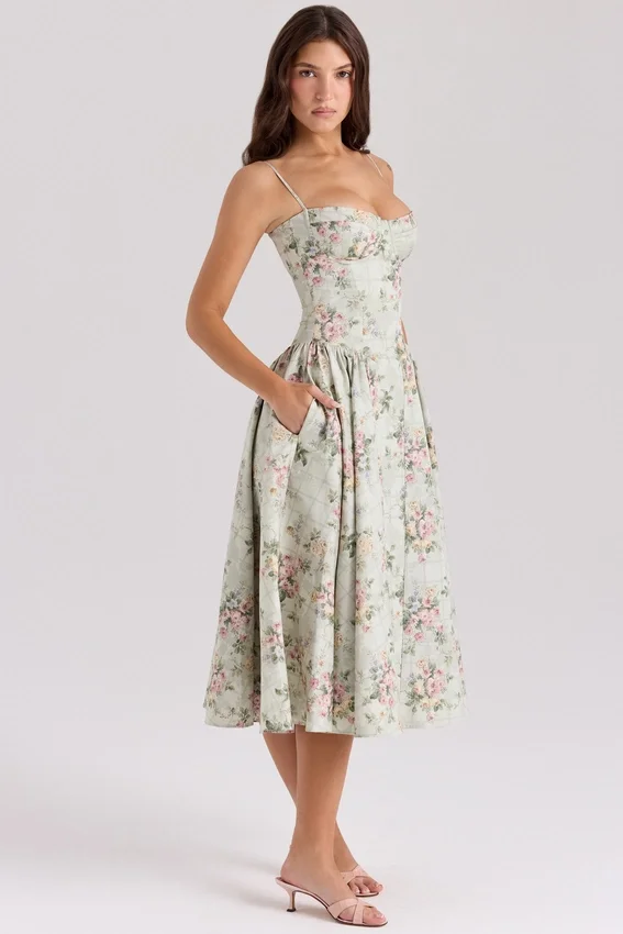 Samaria Sage Floral Print Cotton Midi Dress Samaria Sage Floral Print Cotton Midi Dress
