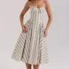 Samaria Sage Striped Floral Print Cotton Midi Dress Samaria Sage Striped Floral Print Cotton Midi Dress