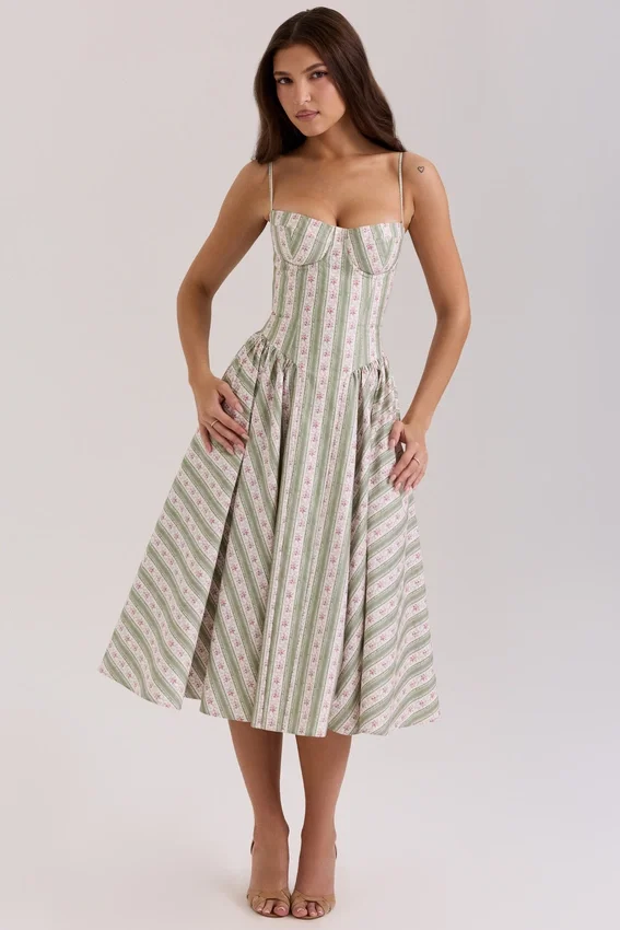 Samaria Sage Striped Floral Print Cotton Midi Dress Samaria Sage Striped Floral Print Cotton Midi Dress