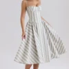 Samaria Sage Striped Floral Print Cotton Midi Dress Samaria Sage Striped Floral Print Cotton Midi Dress