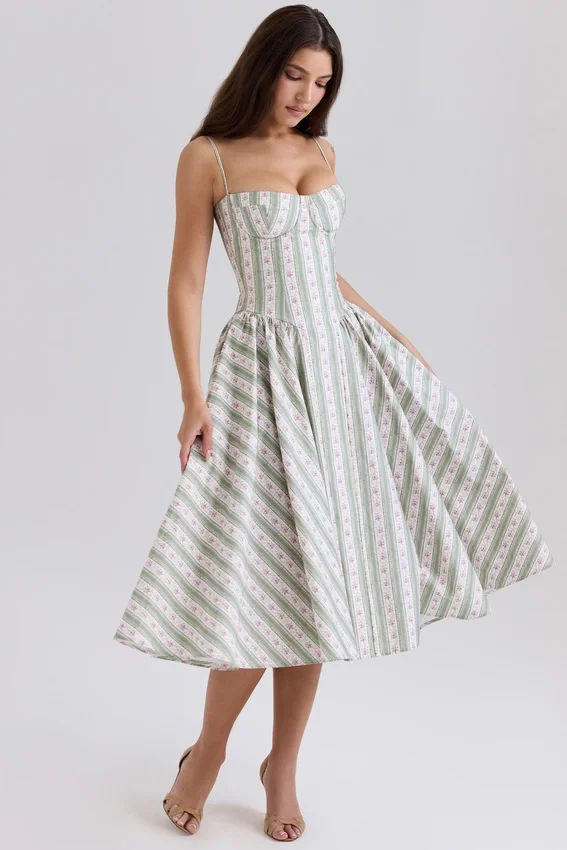 Samaria Sage Striped Floral Print Cotton Midi Dress Samaria Sage Striped Floral Print Cotton Midi Dress