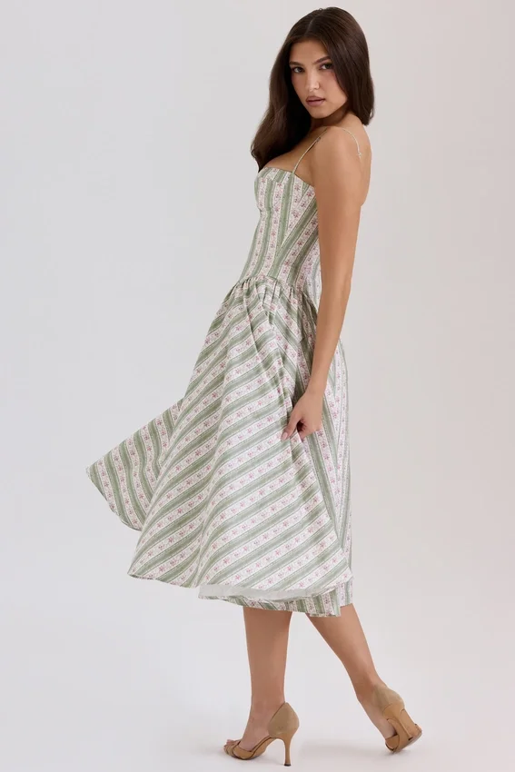 Samaria Sage Striped Floral Print Cotton Midi Dress Samaria Sage Striped Floral Print Cotton Midi Dress