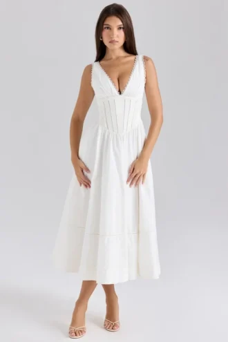 Samia White Stretch Cotton Midi Sundress