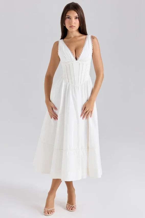 Samia White Stretch Cotton Midi Sundress Samia White Stretch Cotton Midi Sundress