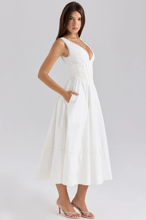 Samia White Stretch Cotton Midi Sundress Samia White Stretch Cotton Midi Sundress