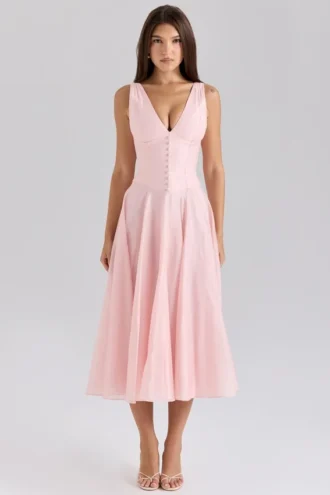 Samira Pink Chiffon Button Midi Dress